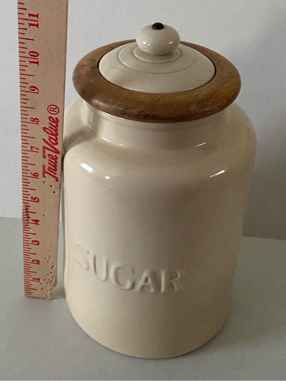 Vintage Artisan Farmhouse Ceramic Sugar Container With Wood Lid